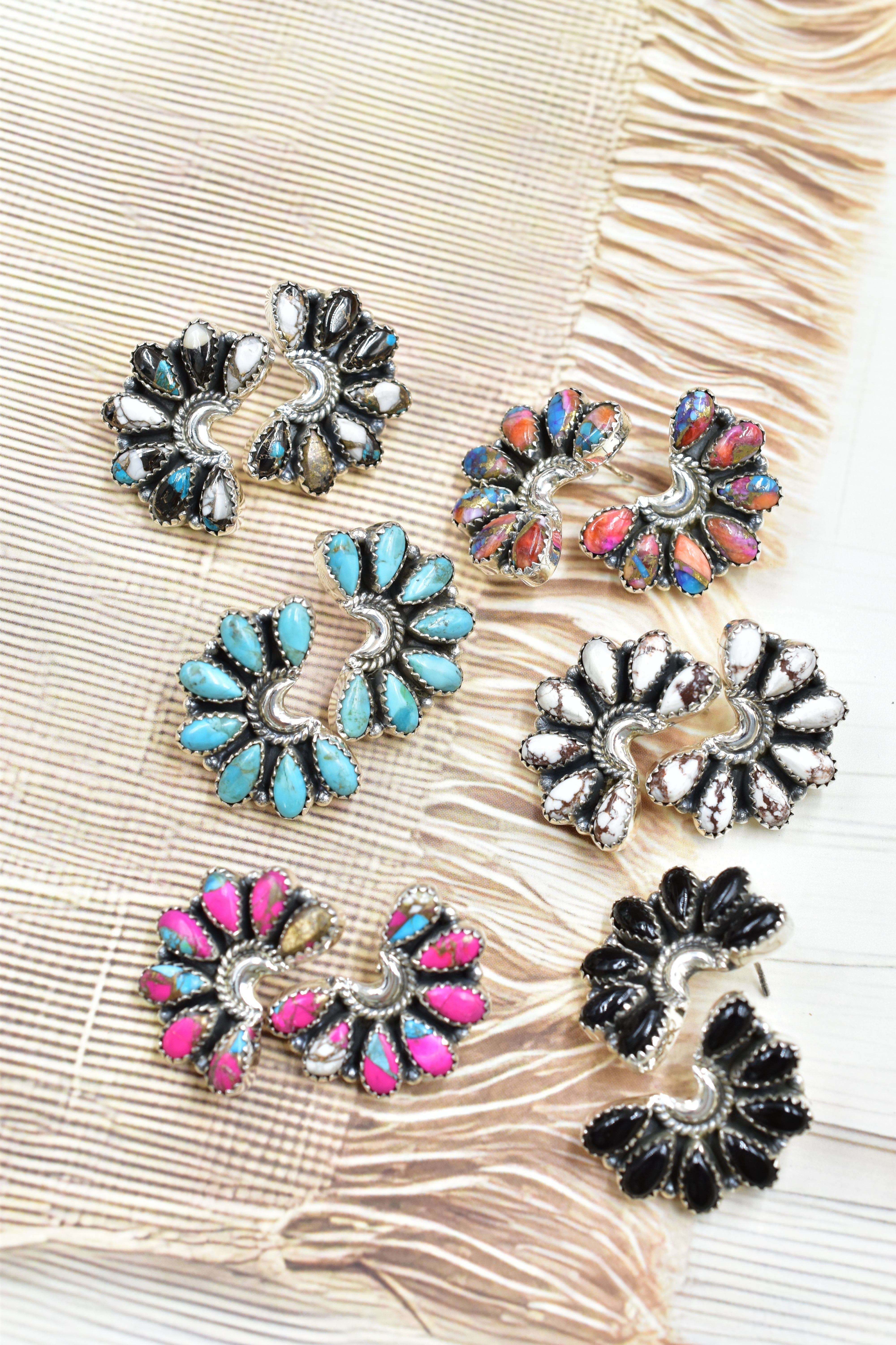 Sterling Half Moon Stone Cluster Earrings-Earrings-Krush Kandy, Women's Online Fashion Boutique Located in Phoenix, Arizona (Scottsdale Area)