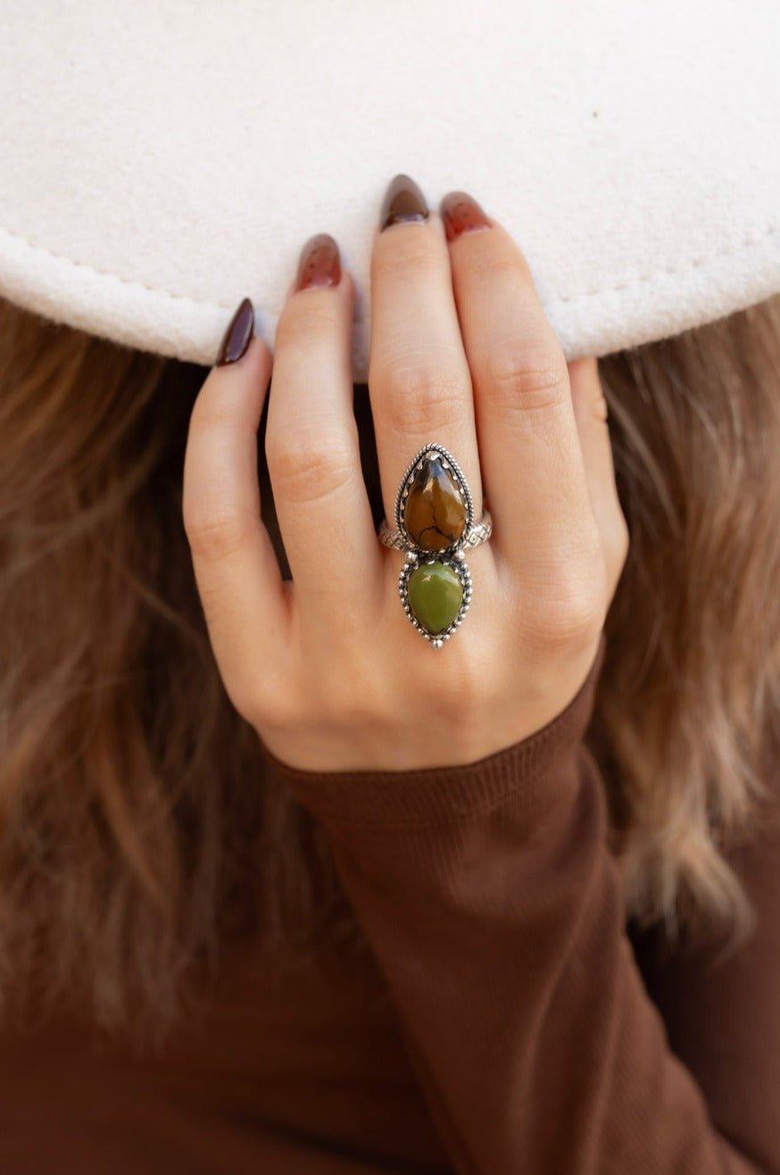 Desert Willow Brown & Green Double Stone Statement Ring.jpeg
