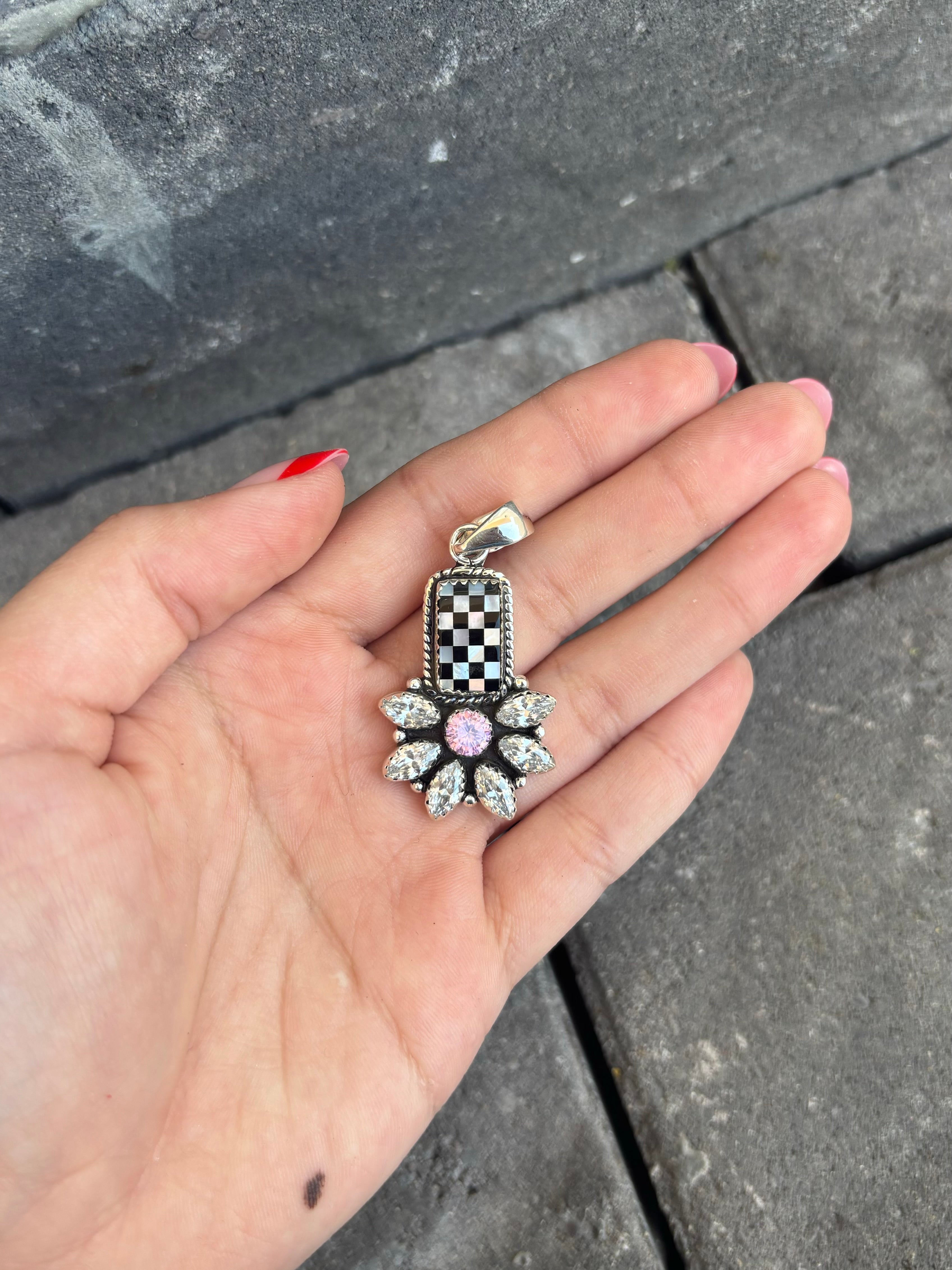 Checkered Blossom Stone Pendant-Pendant Necklaces-Krush Kandy, Women's Online Fashion Boutique Located in Phoenix, Arizona (Scottsdale Area)