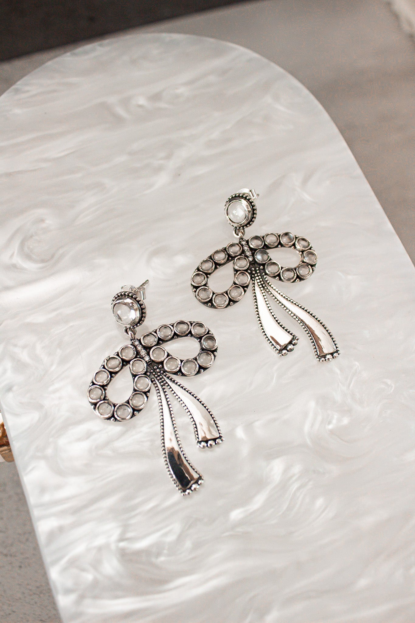 Stone Bliss Sterling Silver Bow Earrings-Stud Earrings-Krush Kandy, Women's Online Fashion Boutique Located in Phoenix, Arizona (Scottsdale Area)