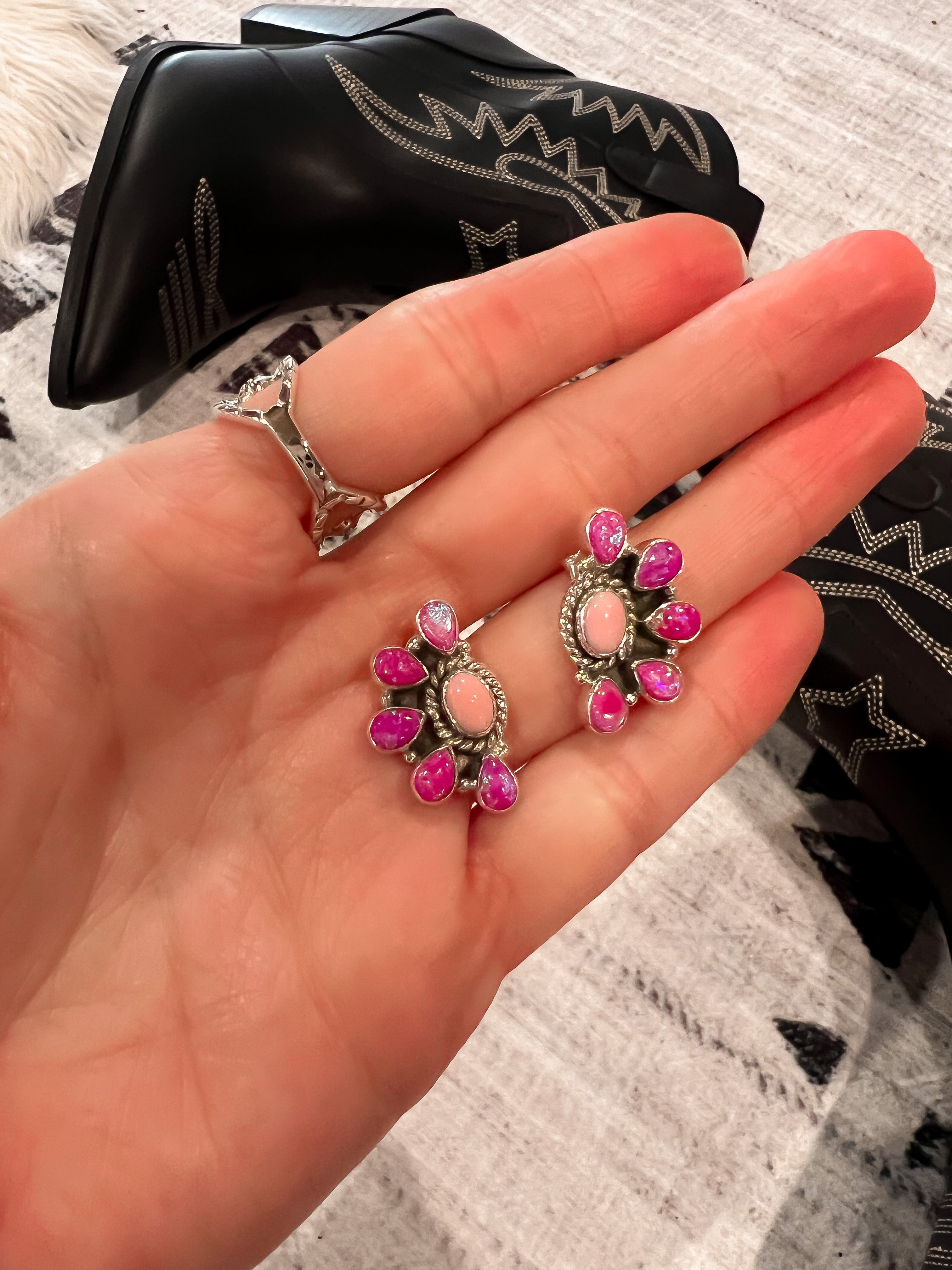 Krush Original | Barbie's Half Cluster Neon Pink Opal & Pink Conch Earrings-Krush Kandy, Women's Online Fashion Boutique Located in Phoenix, Arizona (Scottsdale Area)