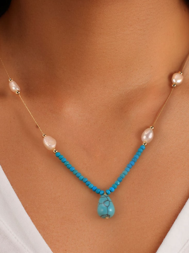 Pearl & Turquoise Slab Trend Necklace-Necklaces-Krush Kandy, Women's Online Fashion Boutique Located in Phoenix, Arizona (Scottsdale Area)